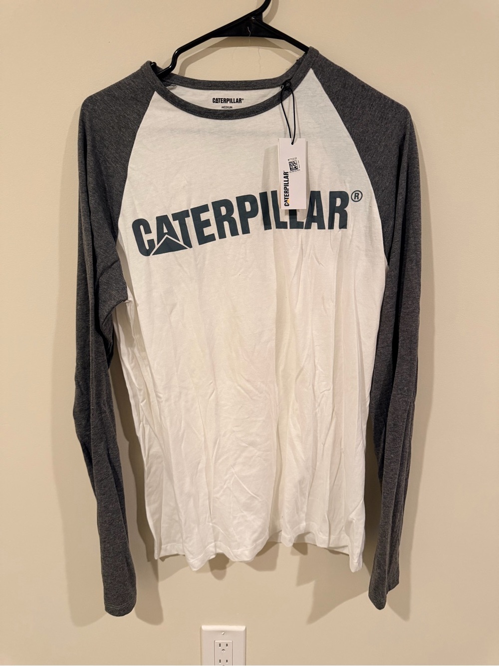 Caterpillar White Body with Dark Gray Raglan Sleeves Tee